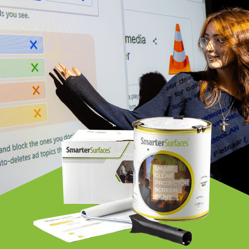 Smarter Surfaces clear projector screen paint with roller and application kit.